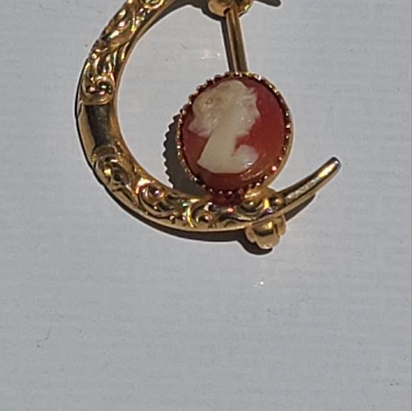 Vintage Cameo On Half Moon Brooch Textured Gold Tone And Resin - Picture 2 of 4